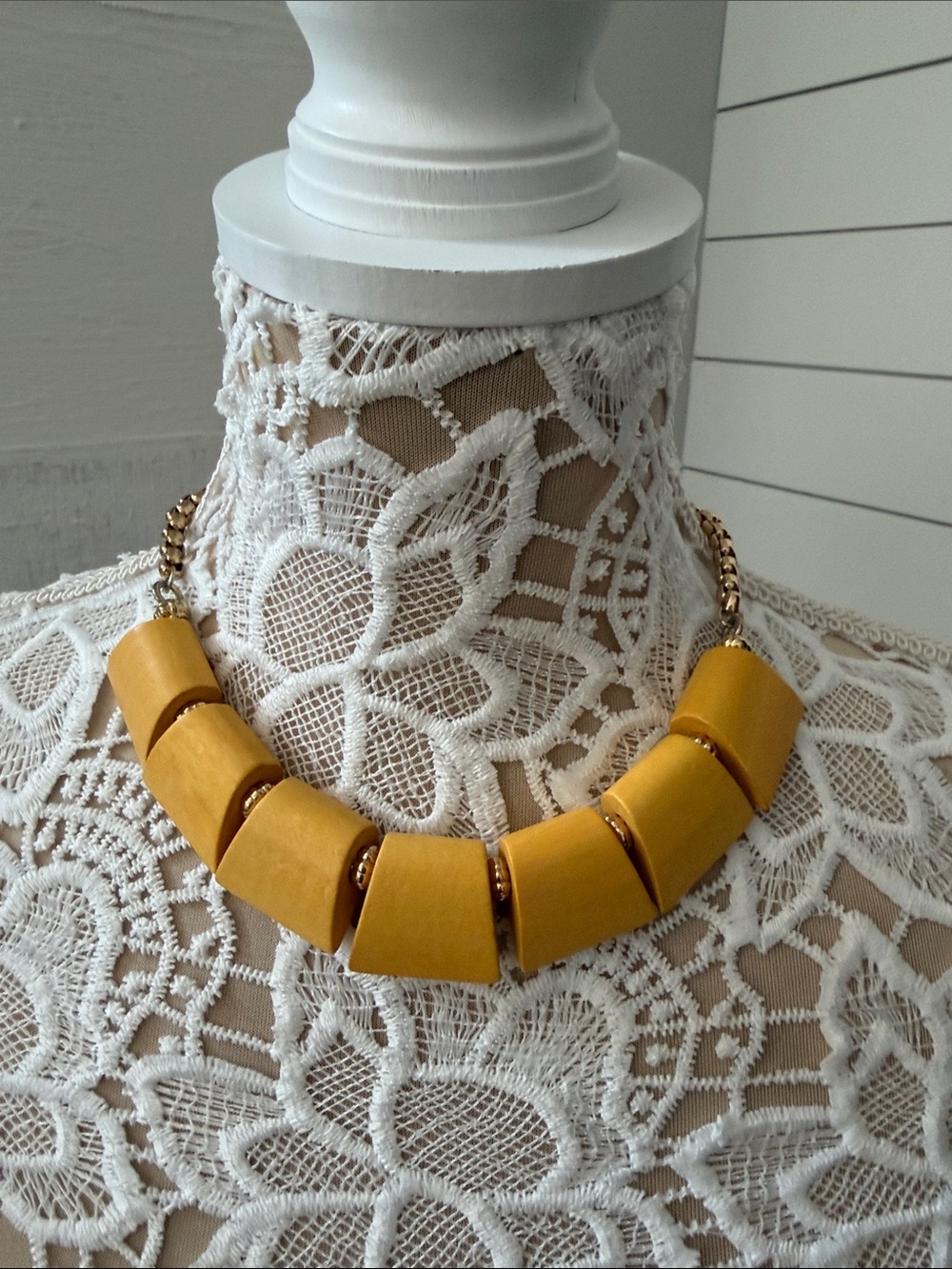 Mustard Yellow Chunky Wooden Bead Necklace with Gold Chain